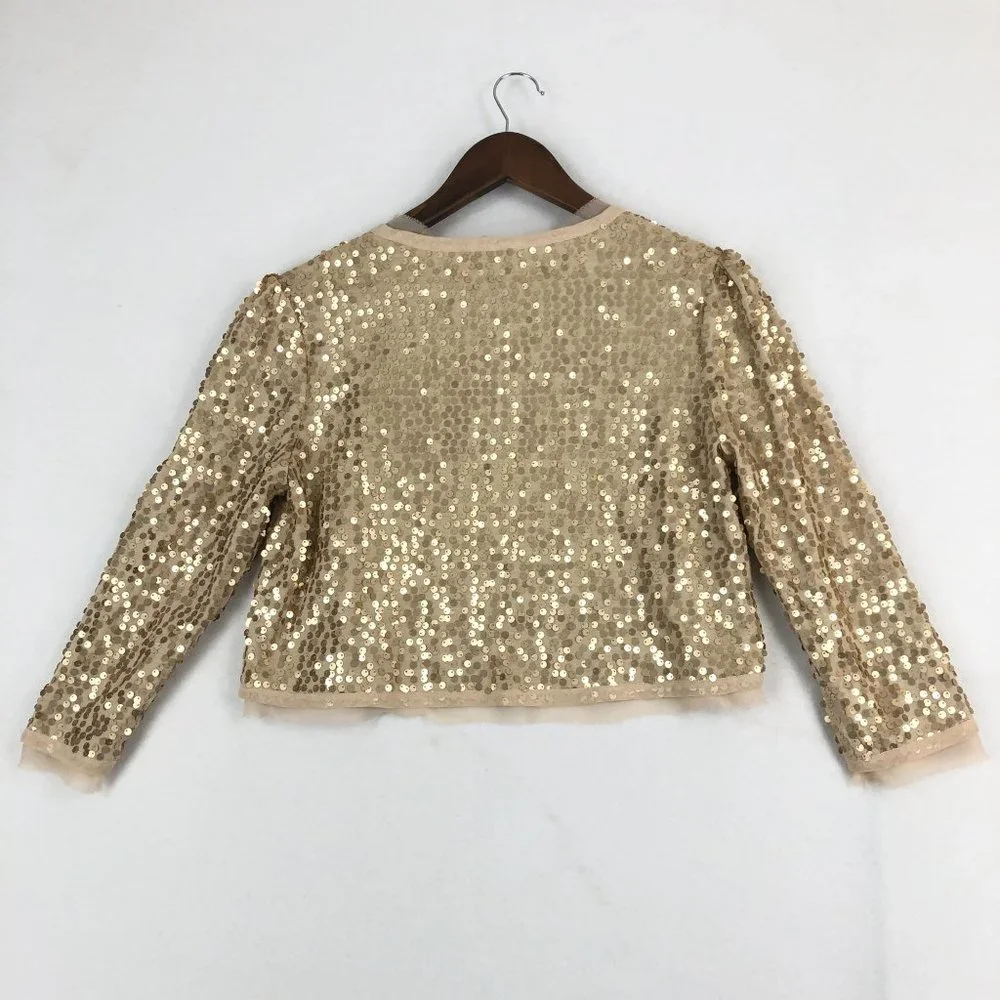 Alythea Women's Size Small Beige Gold Sequin 3/4 Sleeve Open Front Crop Jacket - Picture 8 of 8